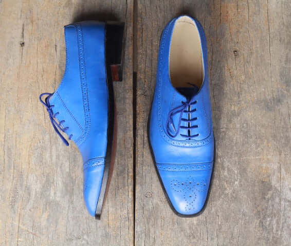 Men’s Handmade Blue Color Leather Shoes, Men Cap Toe Brogue Dress Formal Shoes - theleathersouq