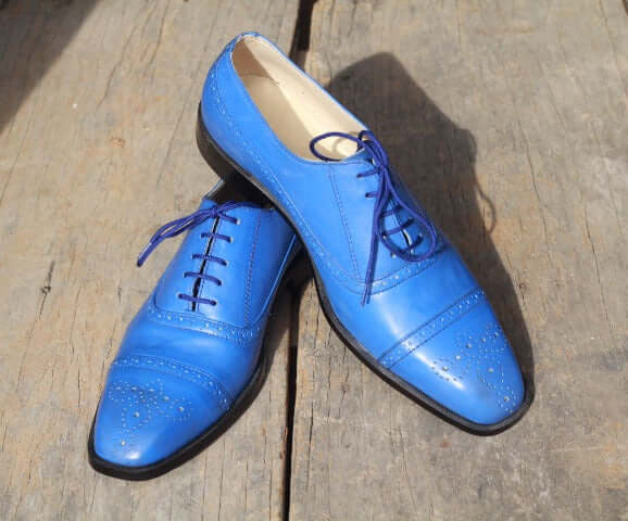 Men’s Handmade Blue Color Leather Shoes, Men Cap Toe Brogue Dress Formal Shoes - theleathersouq