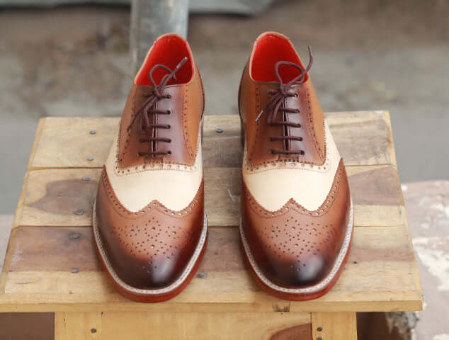 Men’s Handmade Brown & White Color Leather Shoes, Men Wing Tip Brogue Dress Formal Lace Up Shoes - theleathersouq