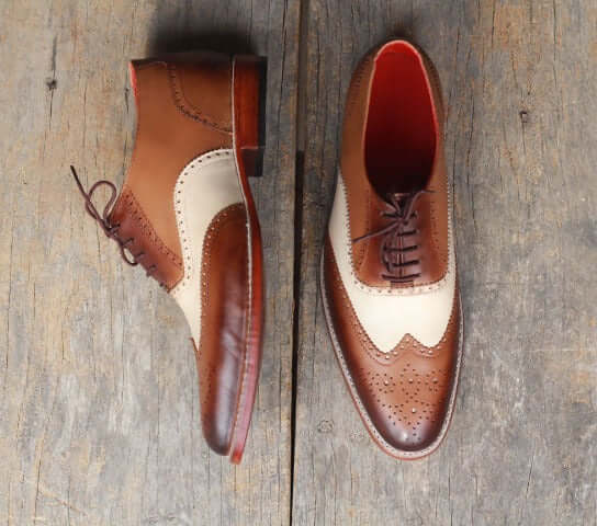 Men’s Handmade Brown & White Color Leather Shoes, Men Wing Tip Brogue Dress Formal Lace Up Shoes - theleathersouq