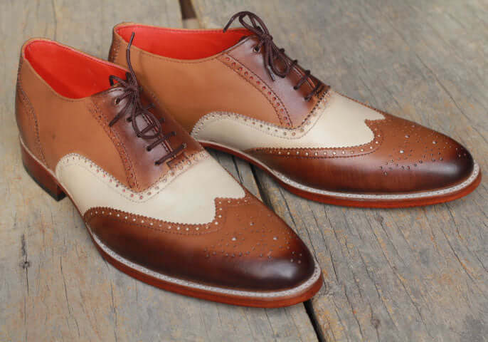 Men’s Handmade Brown & White Color Leather Shoes, Men Wing Tip Brogue Dress Formal Lace Up Shoes - theleathersouq