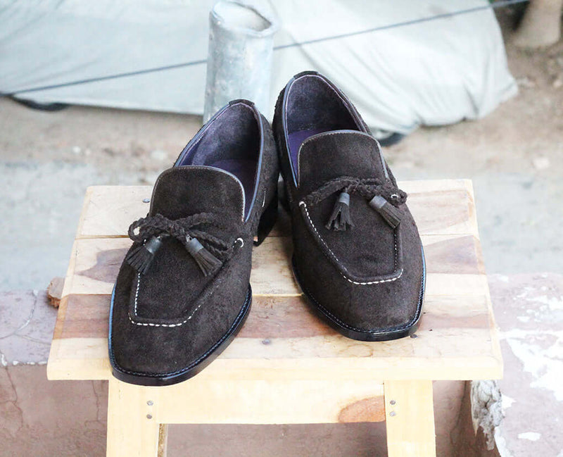 Handmade Men's Suede Shoes, Men Black Tussles Moccasins, Men Fashion Dress Shoes - theleathersouq