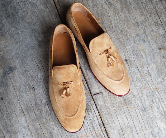 Handmade Men’s Beige Color Round Toe Suede Leather Loafers, Men Tussle Dress Moccasins - theleathersouq