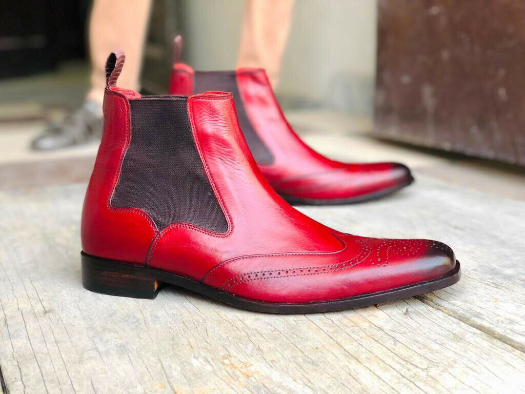Handmade Men's burgundy color Leather Chelsea Boots ,Men Ankle High Leather  boots