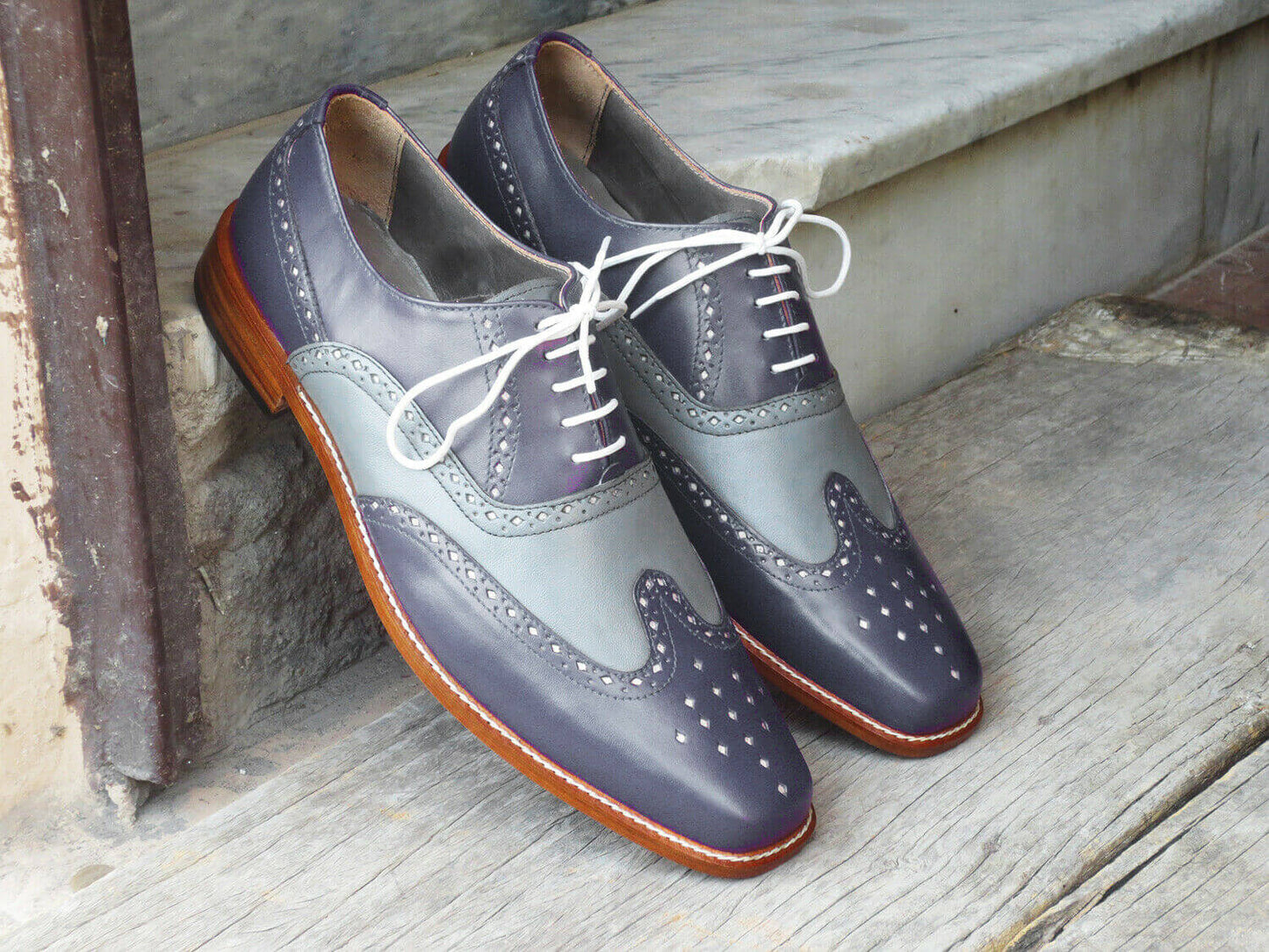 Men's Handmade Two Tone Gray Leather Shoes, Men Wing Tip Brogue Dress Formal Shoes - theleathersouq