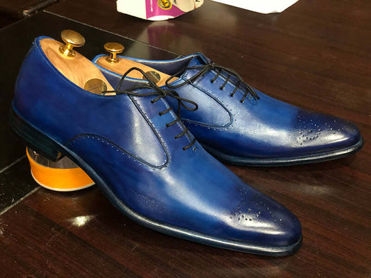 Handmade Men's Blue Brogue Pointed Toe Leather Shoes, Men Dress Formal Shoes - theleathersouq