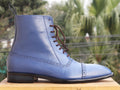 Handmade Men's Blue Color Ankle High Boots, Men Dress Leather Cap Toe Boots - theleathersouq