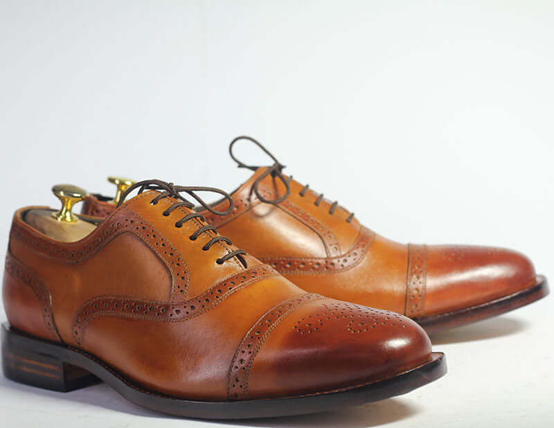 Handmade Men's Tan Cap Toe Brogue Leather Shoes, Men Lace Up Dress Formal Shoes - theleathersouq