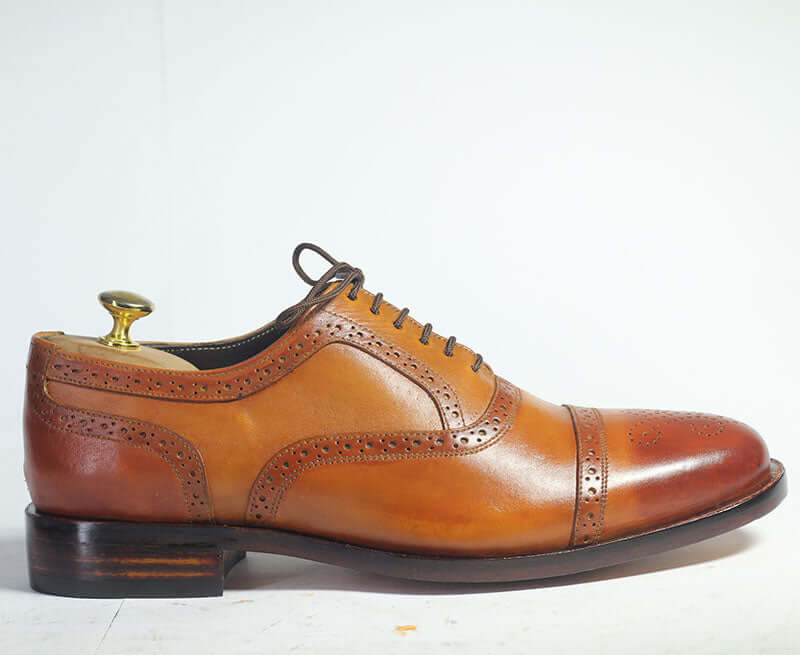 Handmade Men's Tan Cap Toe Brogue Leather Shoes, Men Lace Up Dress Formal Shoes - theleathersouq