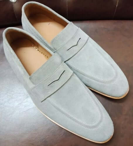 Handmade Men's Gray Color Suede Dress Shoes, Men Gray Suede Moccasin Loafers - theleathersouq