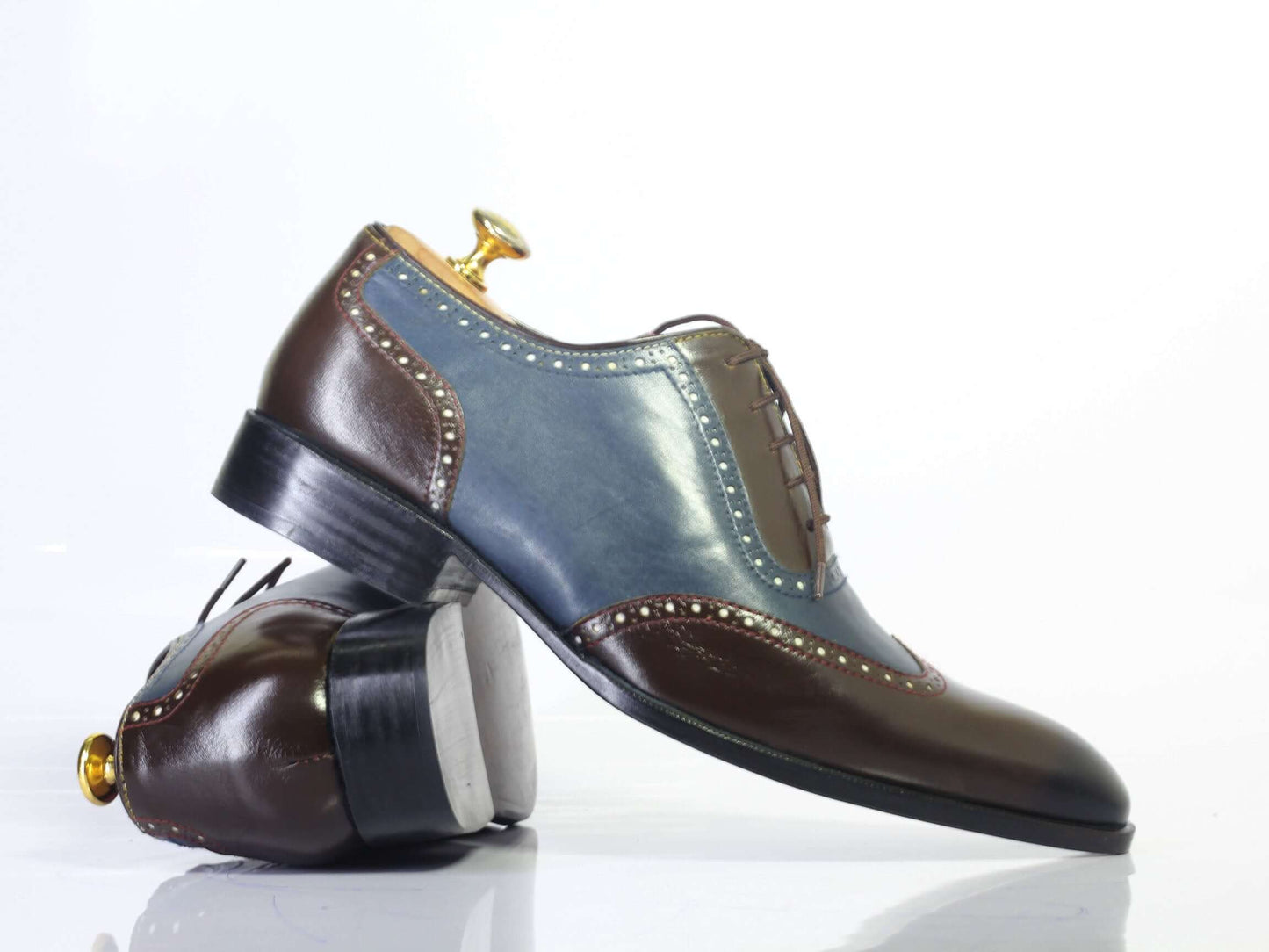 Handmade Men’s Brown Blue Cap Toe Leather Shoes, Men Lace Up Dress Formal Shoes - theleathersouq