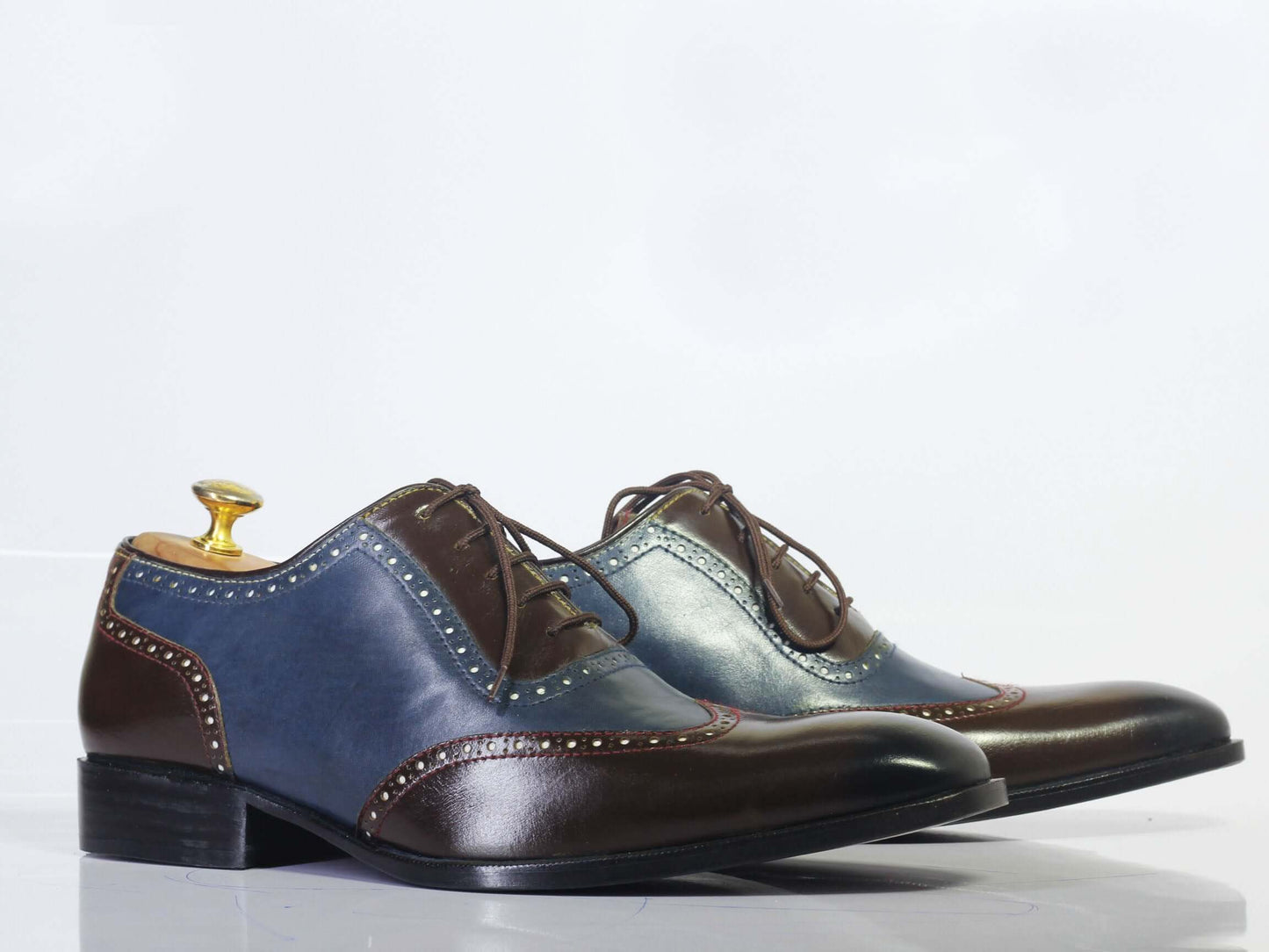 Handmade Men’s Brown Blue Cap Toe Leather Shoes, Men Lace Up Dress Formal Shoes - theleathersouq