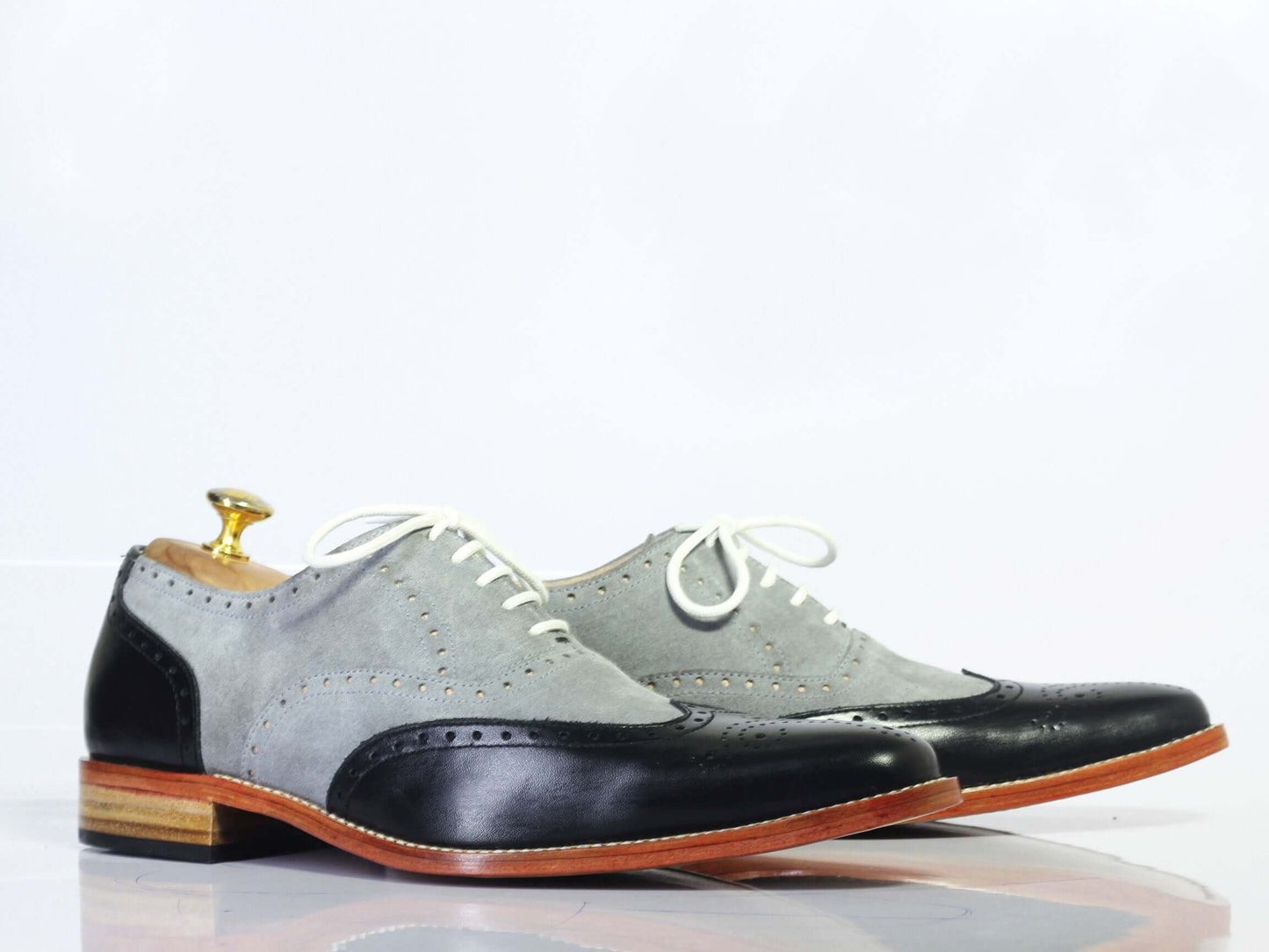 Handmade Men’s Gray Black Wing Tip Shoes, Men Leather Suede Lace Up Dress Shoes - theleathersouq