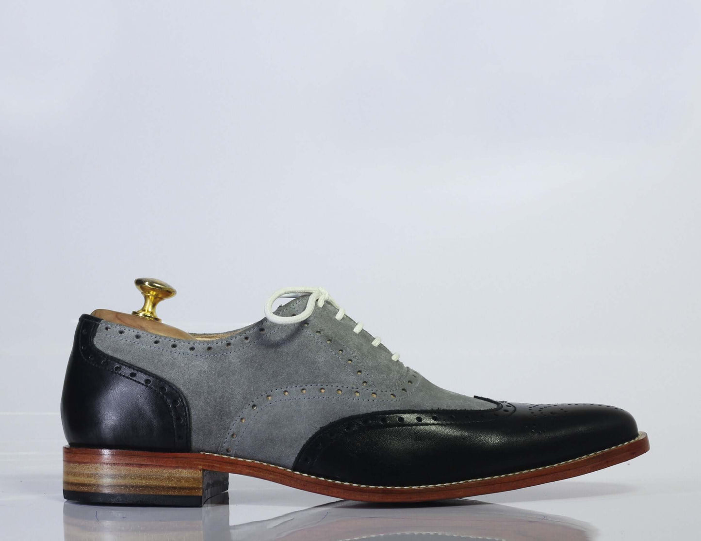 Handmade Men’s Gray Black Wing Tip Shoes, Men Leather Suede Lace Up Dress Shoes - theleathersouq