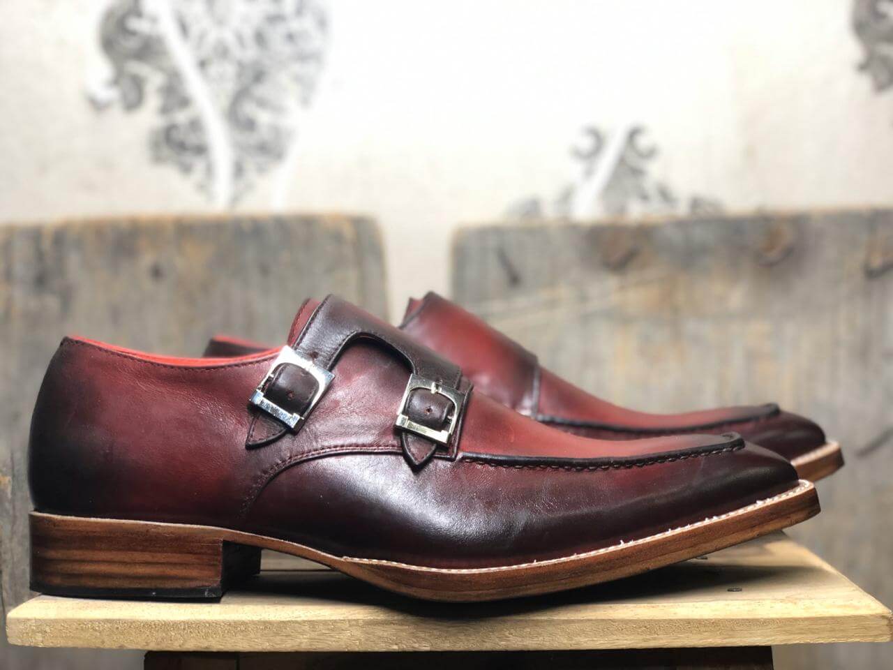 Handmade Men’s Burgundy Color Leather Shoes, Men Double Monk Dress Formal Shoes - theleathersouq