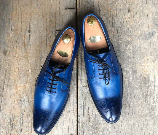 Handmade Men's Blue Brogue Leather Shoes, Men Pointed Toe Lace Up Dress Shoes - theleathersouq