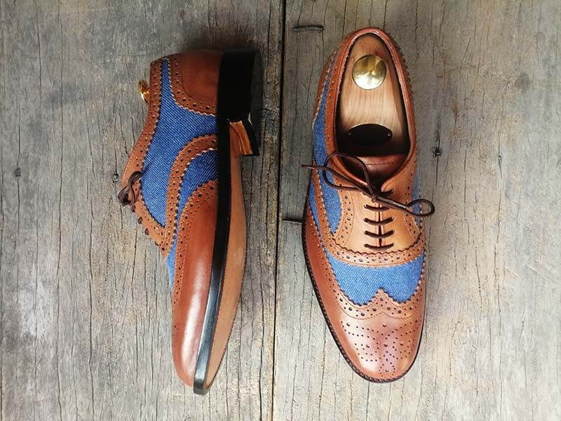 Handmade Men’s Tan Blue Wing Tip Brogue Shoes, Men Denim & Leather Dre