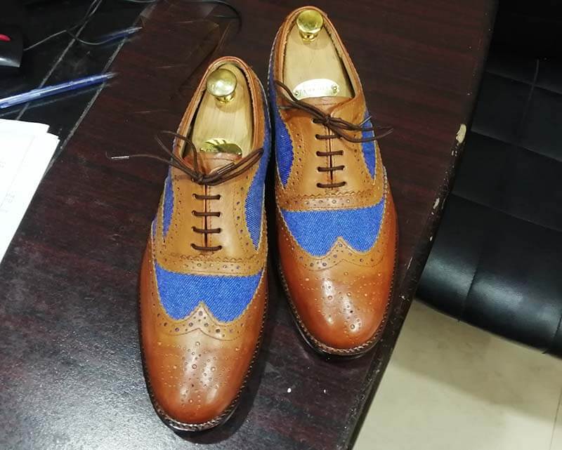 Handmade Men’s Tan Blue Wing Tip Brogue Shoes, Men Denim & Leather Dress Shoes - theleathersouq