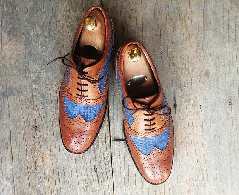 Handmade Men’s Tan Blue Wing Tip Brogue Shoes, Men Denim & Leather Dre