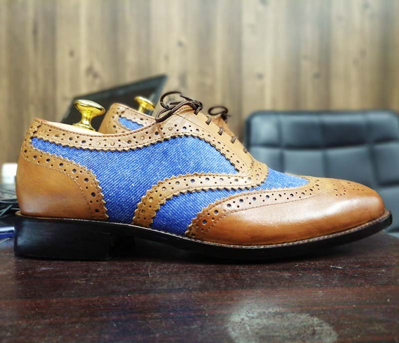 Awesome Handmade Men's Tan Blue Leather Denim Wing Tip Brogue Shoes, Men  Dress Formal Lace Up Shoes