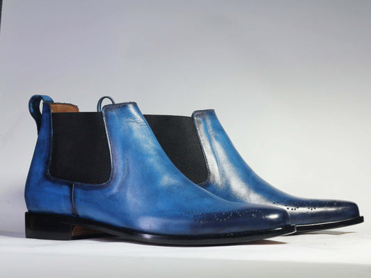 Handmade Men’s Blue Brogue Toe Chelsea Leather Boots, Men Slip On Dress Boots - theleathersouq