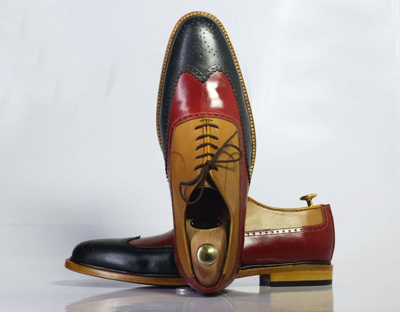 Men’s Handmade Multi Color Wing Tip Brogue Leather Shoes, Men Lace Up Dress Shoes - theleathersouq