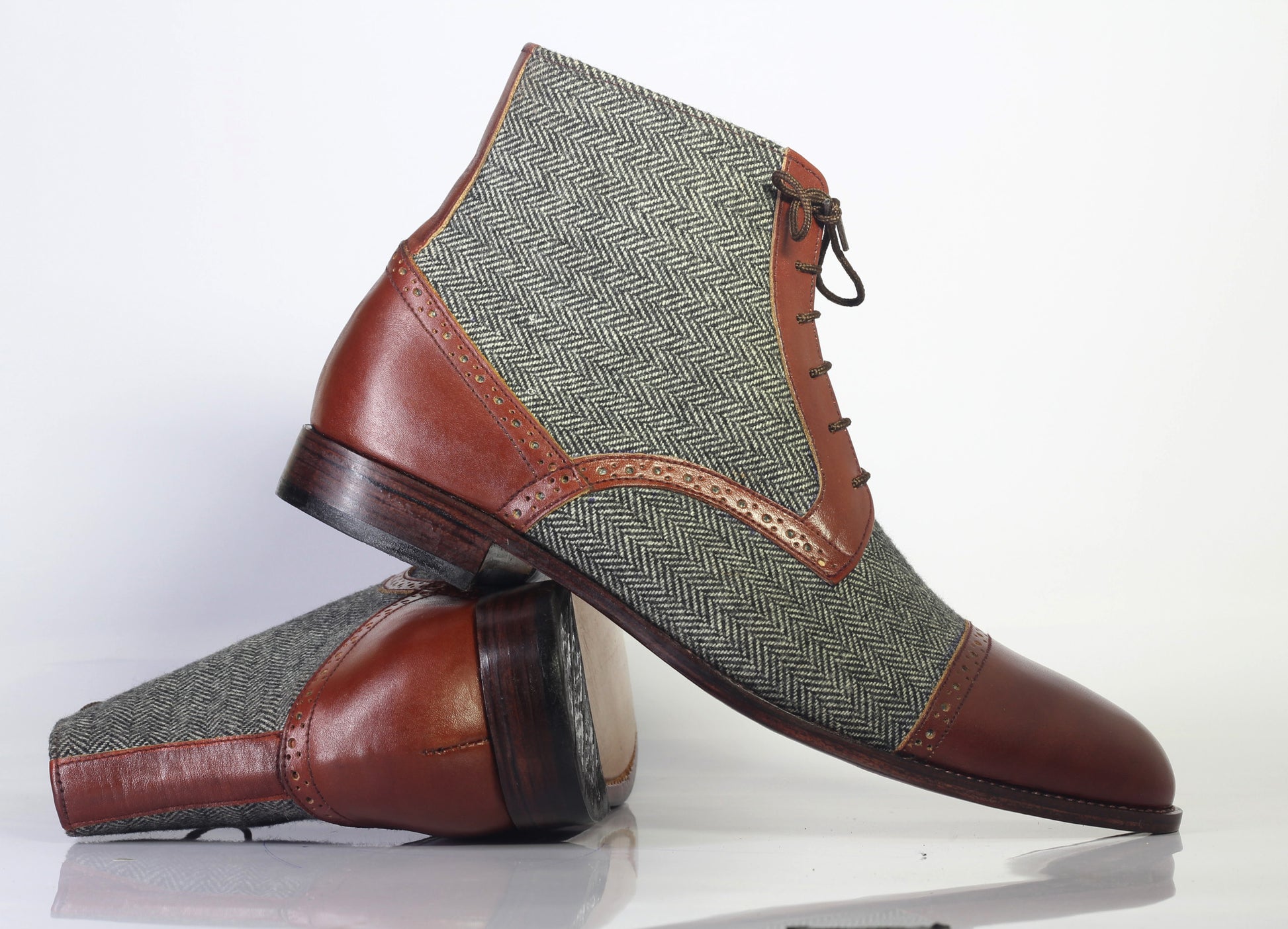 Men’s Handmade 2 Tone Leather Tweed Boots, Men Ankle High Lace Up Designer Boots - theleathersouq