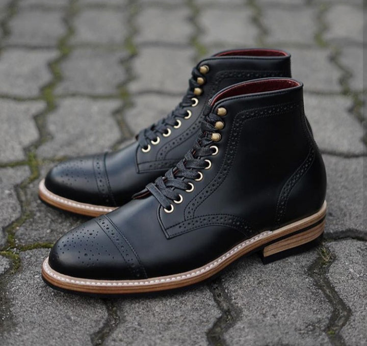 Handmade Men’s Ankle High Leather Boots, Men’s Black Cap Toe Brogue Lace Up Boots - theleathersouq