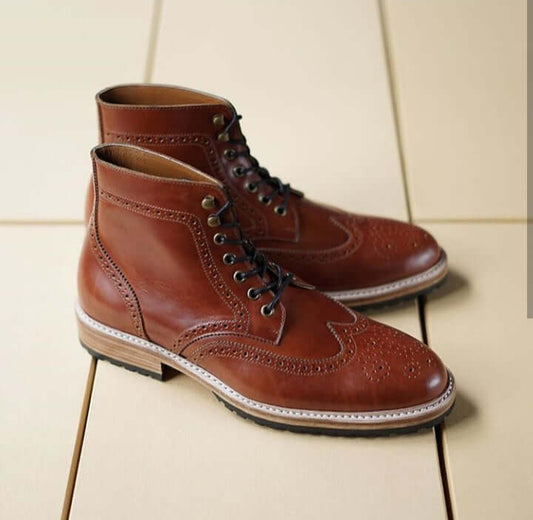 Handmade Men’s Ankle High Leather Boots, Men Brown Wing Tip Brogue Lace Up Boots - theleathersouq