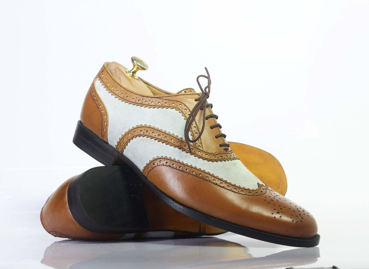 Handmade Men Brown White Wing Tip Brogue Shoes, Men Lace Up Leather Dress Shoes - theleathersouq