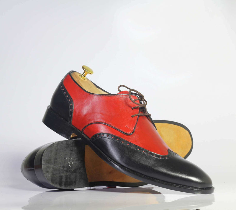 Handmade Men’s Red & Black Wing Tip Leather Shoes, Men Lace Up Dress Shoes - theleathersouq