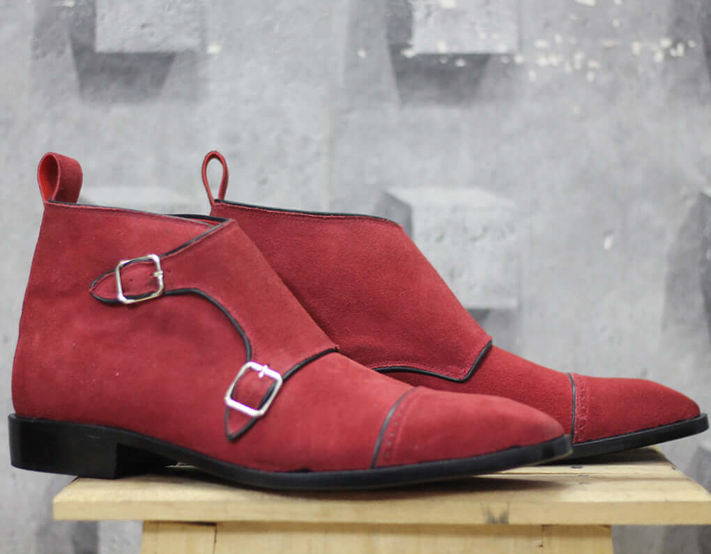 Handmade Men’s Maroon Color Suede Boots, Men Cap Toe Monk Strap Dress Boots - theleathersouq