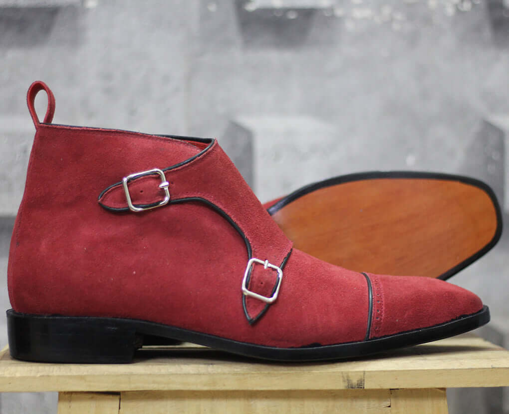 Handmade Men’s Maroon Color Suede Boots, Men Cap Toe Monk Strap Dress Boots - theleathersouq