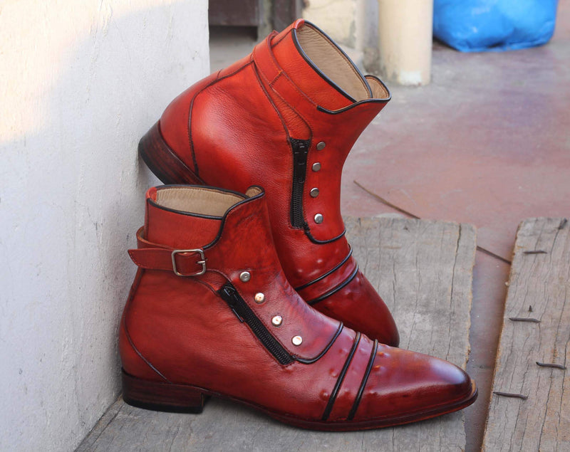 Handmade Men’s Brown Ankle High Boots, Men Cap Toe Buckle & Zipper Leather Boots - theleathersouq