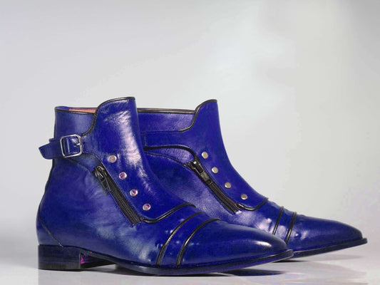 Handmade Men’s Purple Ankle High Boots, Men Cap Toe Buckle & Zipper Leather Boots - theleathersouq