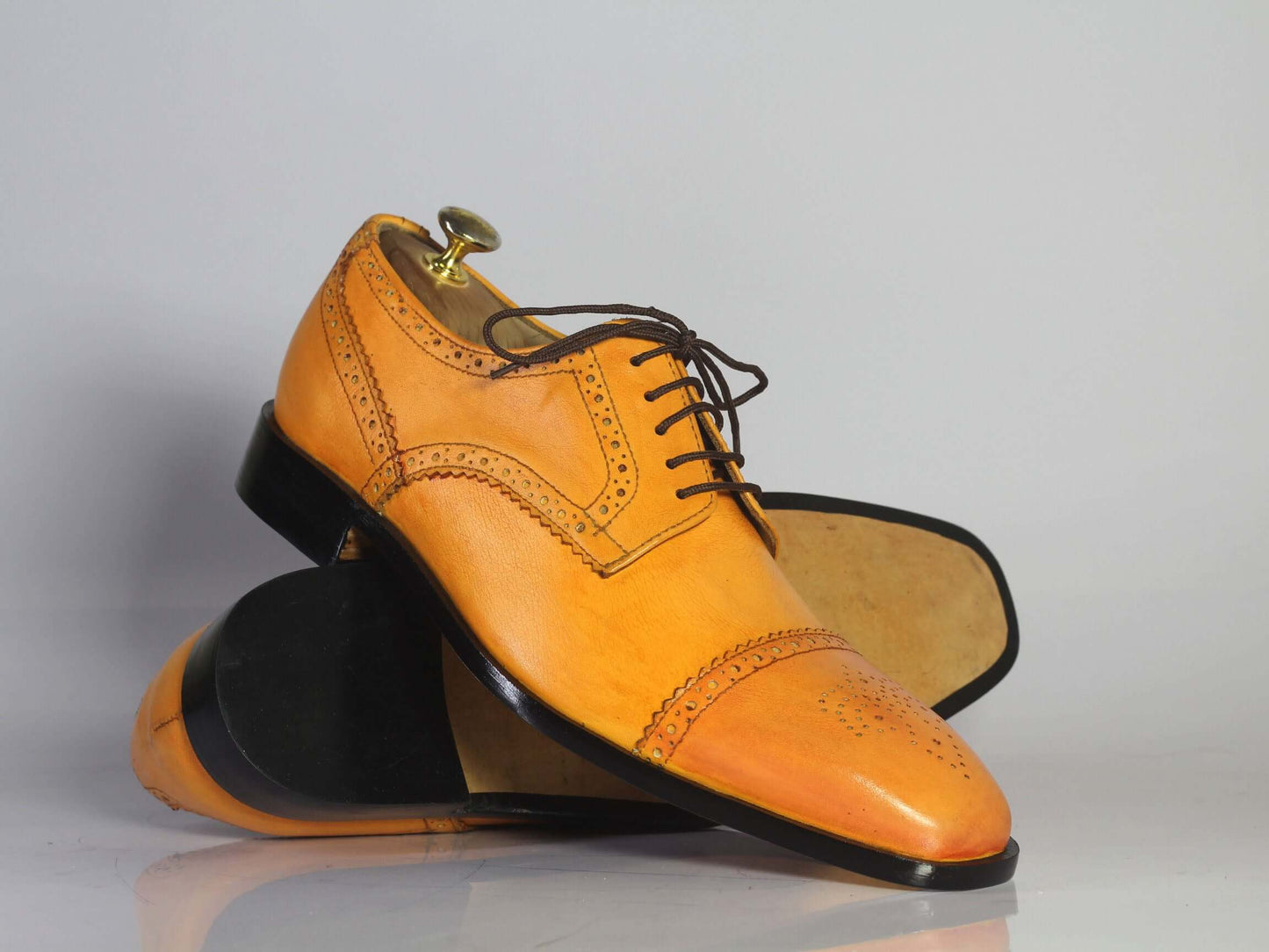 Handmade Men's Tan Leather Shoes, Men Lace Up Dress Cap Toe Brogue Dress Shoes - theleathersouq