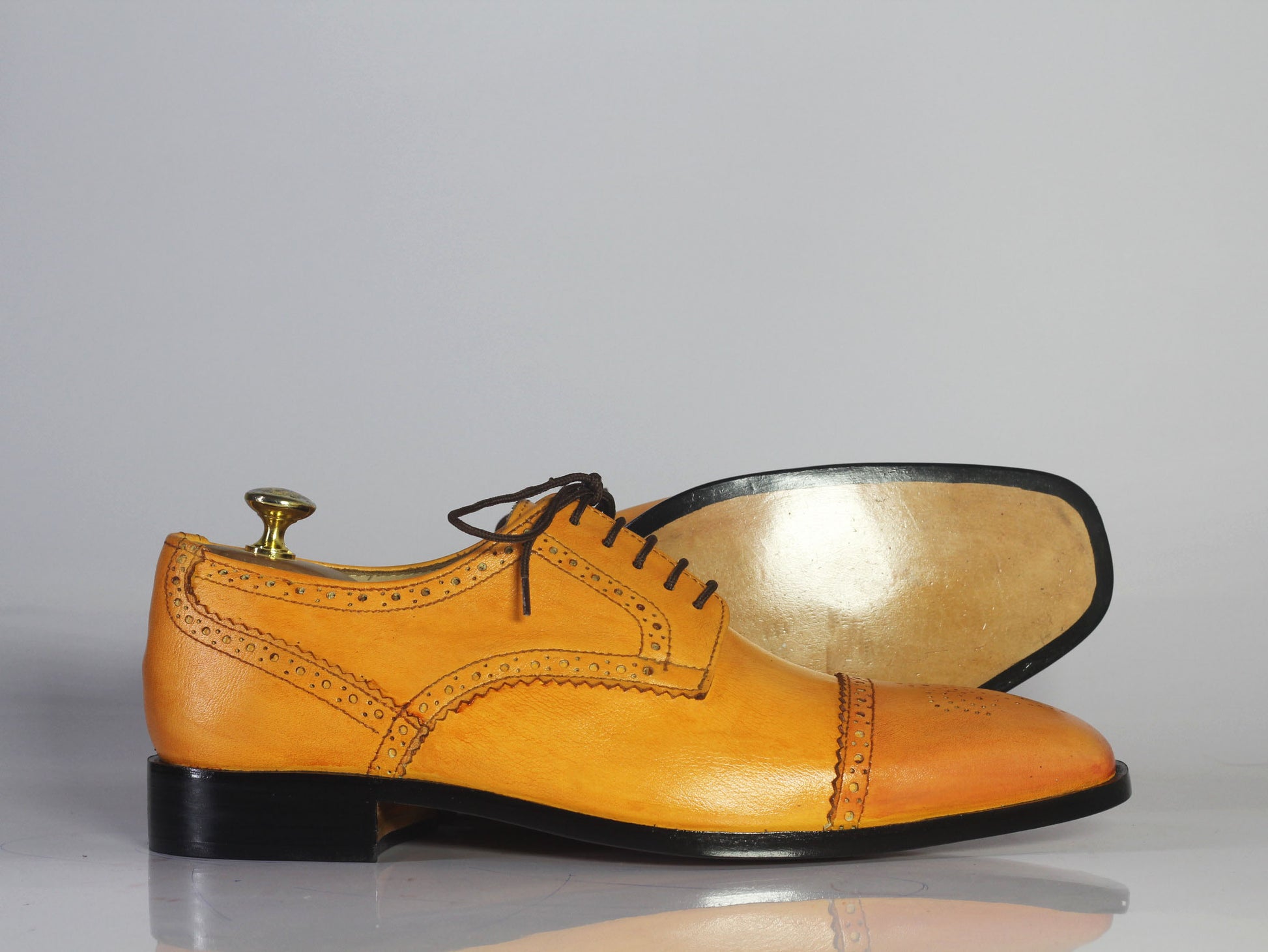 Handmade Men's Tan Leather Shoes, Men Lace Up Dress Cap Toe Brogue Dress Shoes - theleathersouq