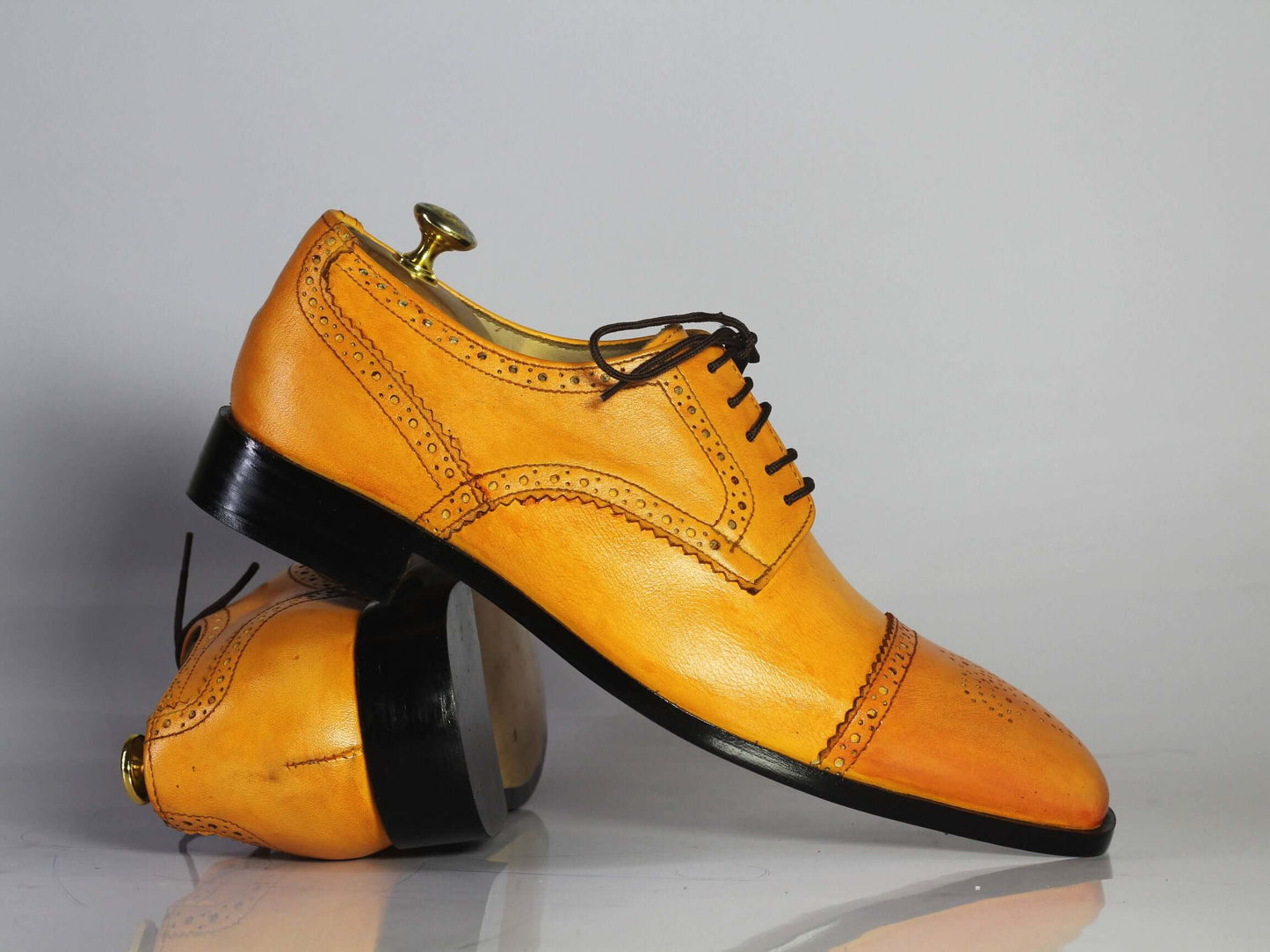 Handmade Men's Tan Leather Shoes, Men Lace Up Dress Cap Toe Brogue Dress Shoes - theleathersouq