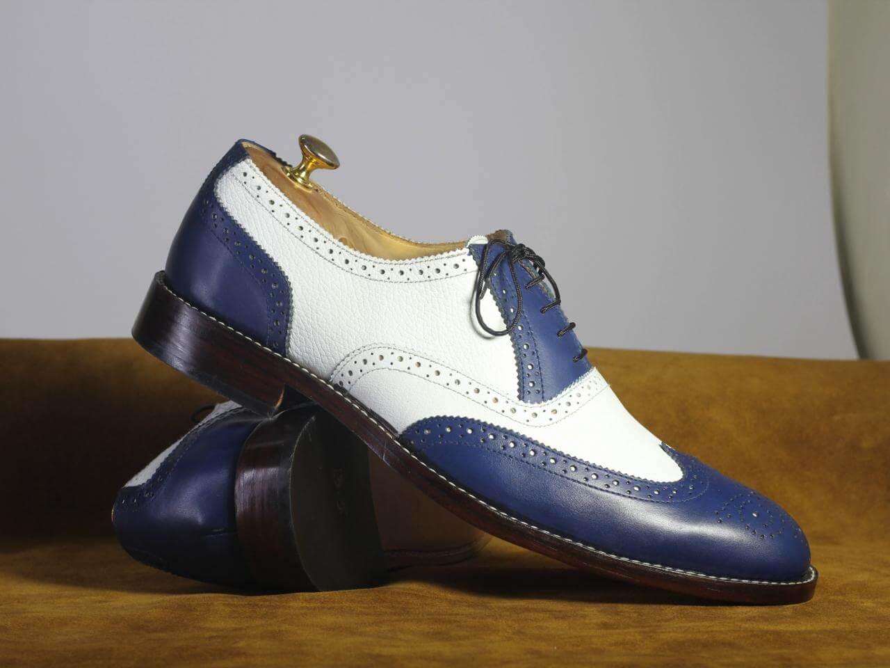 Men's Handmade Two Tone Blue White Wing Tip Brogue Pebbled Leather For