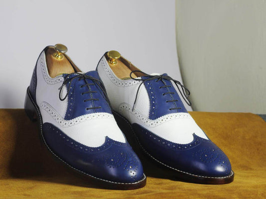 Men's Handmade Two Tone Blue White Wing Tip Brogue Pebbled Leather Formal Shoes - theleathersouq