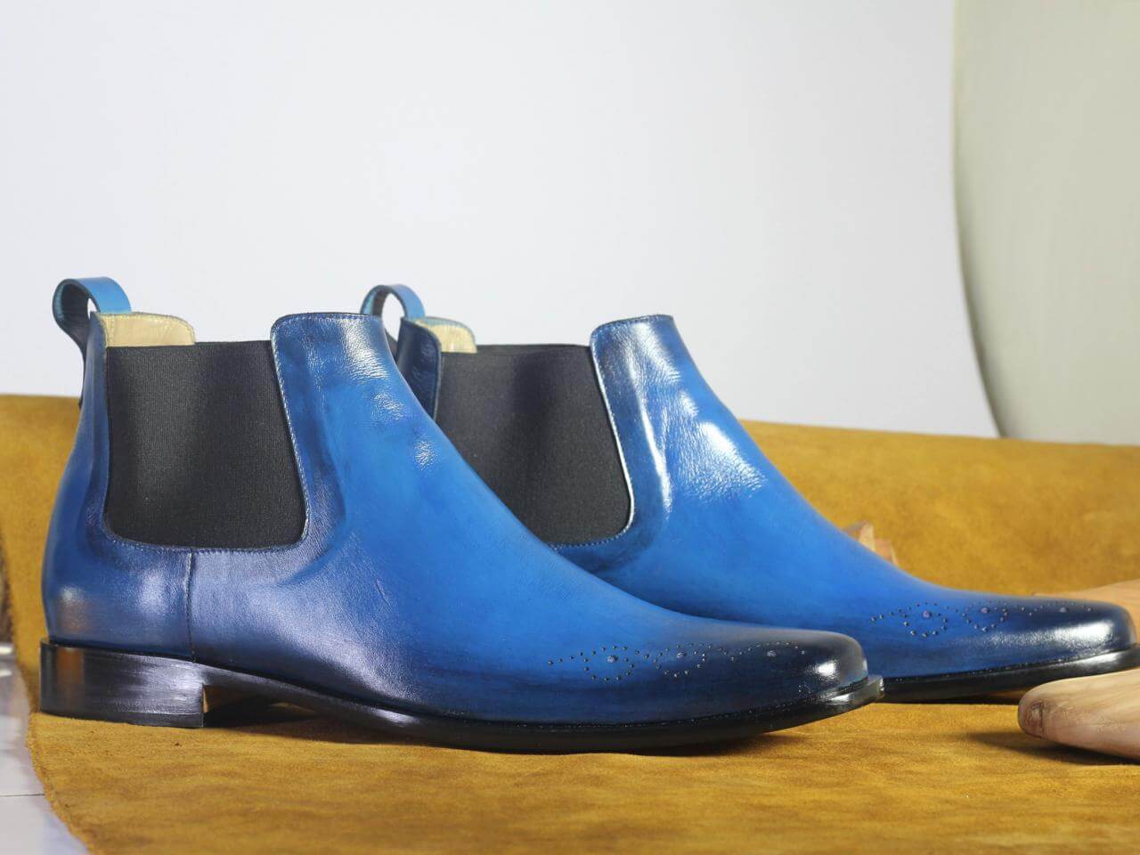 Handmade Men's Half Ankle Blue Boots, Men Chelsea Leather Fashion Stylish Boots - theleathersouq