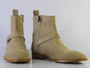 Handmade Men Jodhpurs Beige Suede Shoes, Men Buckle & Zipper Ankle High Boots - theleathersouq