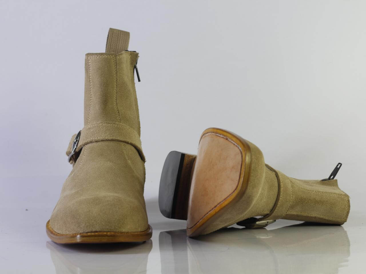 Handmade Men Jodhpurs Beige Suede Shoes, Men Buckle & Zipper Ankle High Boots - theleathersouq