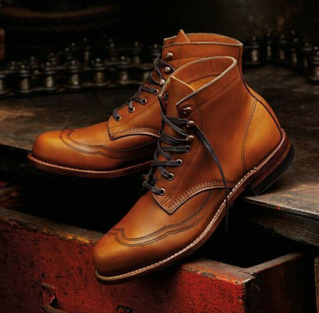 Handmade Men Wingtip Tan Color Ankle Boots, Ankle Leather Boots, Men Long Boots - theleathersouq