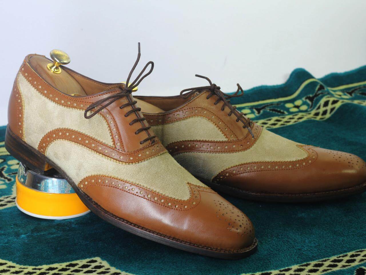 Handmade Men Brown Beige Wing Tip Brogue Shoes, Men Leather Suede Lace Up Shoes - theleathersouq