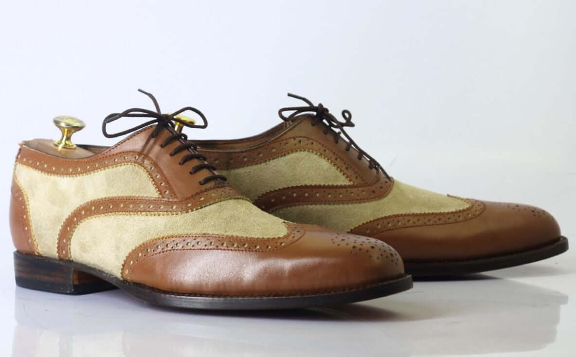 Handmade Men Brown Beige Wing Tip Brogue Shoes, Men Leather Suede Lace Up Shoes - theleathersouq