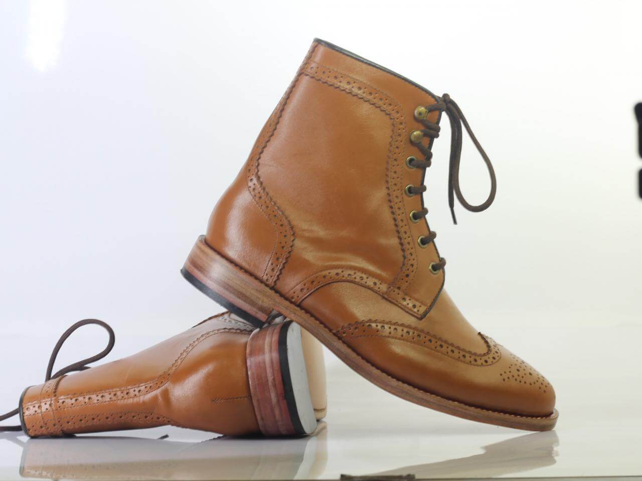 Handmade Men's Ankle High Tan Wing Tip Brogue Shoes, Men Leather Lace Up Boots - theleathersouq