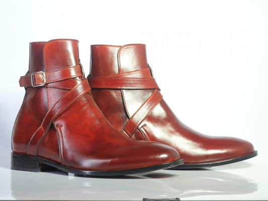 Handmade Men's Ankle High Burgundy Leather Boots, Men Designer Jodhpurs Boots - theleathersouq