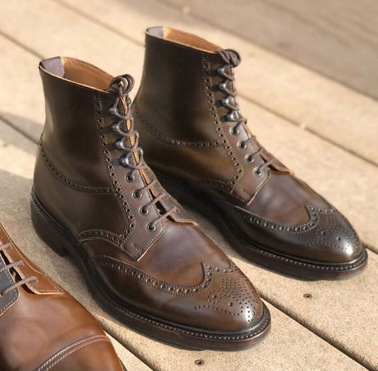 Handmade Men's Ankle High Brown Leather Shoes, Men Wing Tip Brogue Stylish Boots - theleathersouq