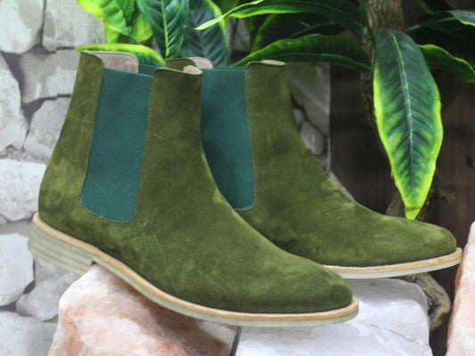 Handmade Men Olive Green Suede Chelsea Boots, Men Fashion Designer Boots - theleathersouq